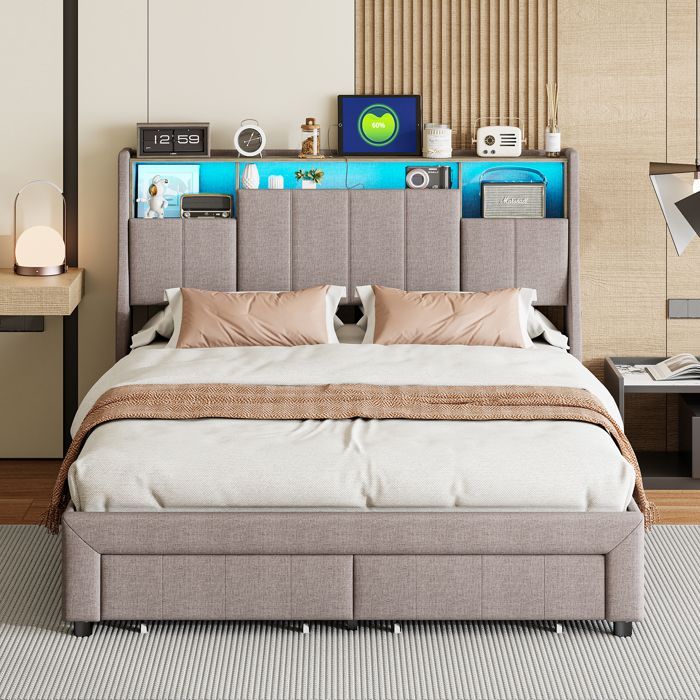 Letto matrimoniale 160 x 200 cm, letto per adulti 160x200 cm con 2 cassetti, con illuminazione a LED, struttura letto, testiera con contenitore, materiale in lino, grigio