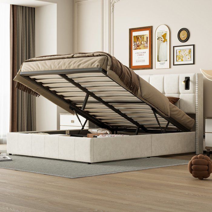 140x190 cm bed, velvet storage bed with headboard and slatted base, adult bed for 2 people, reading lamps, beige
