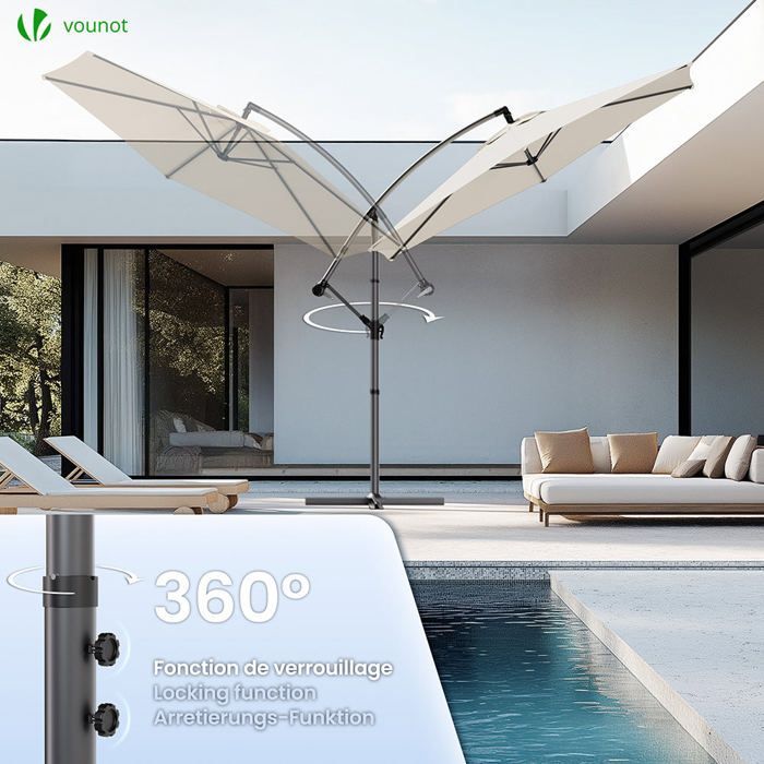 VOUNOT® Parasol déporté inclinable avec sangle de fixation 3M Beige - Rotatif 360° - Inclinaison réglable - Housse de protection