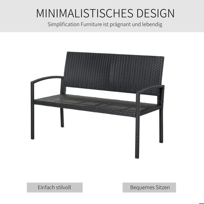Banco de jardín de ratán sintético, banco de parque de 2 plazas con estructura de acero y mimbre negro, 122 x 60 x 87 cm, para jardín y terraza.