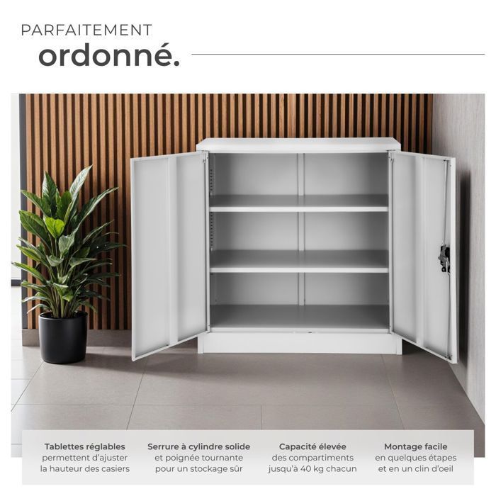 Office storage - TECTAKE - Metal filing cabinet with 2 adjustable shelves - 90 cm x 40 cm x 90 cm - Grey