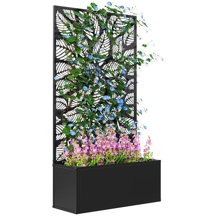 Planter - Outsunny - with trellis as a privacy panel - rectangular - metal - 61 x 23 x 113 cm - black