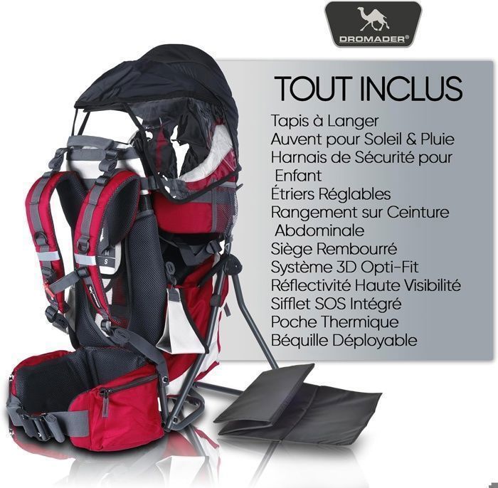 Portabebés DROMADER para senderismo - Cómodo hasta 22 kg - Mochila con bolsillo isotérmico, funda para el sol y la lluvia - Rojo