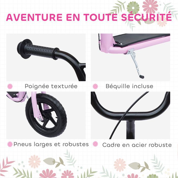 Trottinette enfant - HOMCOM - patinette pneus 30 cm hauteur guidon réglable frein béquille - acier - dès 5 ans - rose