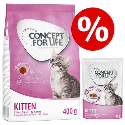 400 g Concept for Life tørrfôr til kattunger + 12 x 85 g våtfôr – spesialpris!*