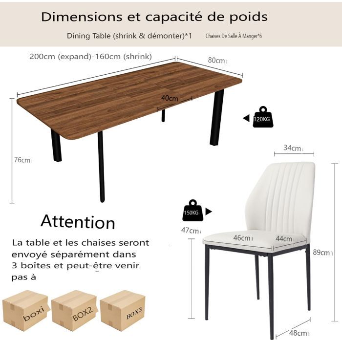 Stilvoller Moderner MDF-Platten Esstisch Mit Stühlen Set Für Das Wohnzimmer(160-200 cm Walnuss-Tisch + 6 white Stühle)