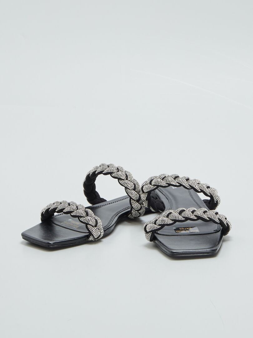 Lage sandalen met strasssteentjes - ZWART