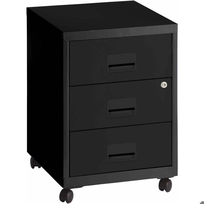 Caisson de rangement 3 tiroirs en acier sur roulettes noir mat
