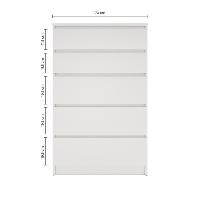 MILÁN 5 - Cómoda contemporánea para dormitorio/sala de estar/oficina 40x70x112 - 5 cajones deslizantes - Mueble de almacenamiento - Armario alto