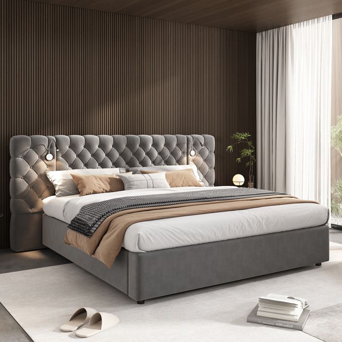 Letto matrimoniale imbottito 160 x 200 cm con illuminazione a LED e contenitore. Letto contenitore con testiera imbottita e lampada da lettura. Velluto grigio.