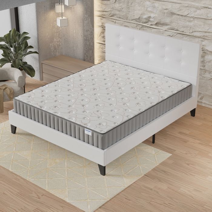 Colchón y cama (140x190cm) - Orionis 22cm de espuma viscoelástica y espuma de alta densidad + base de láminas estable y cabecero tapizado en blanco