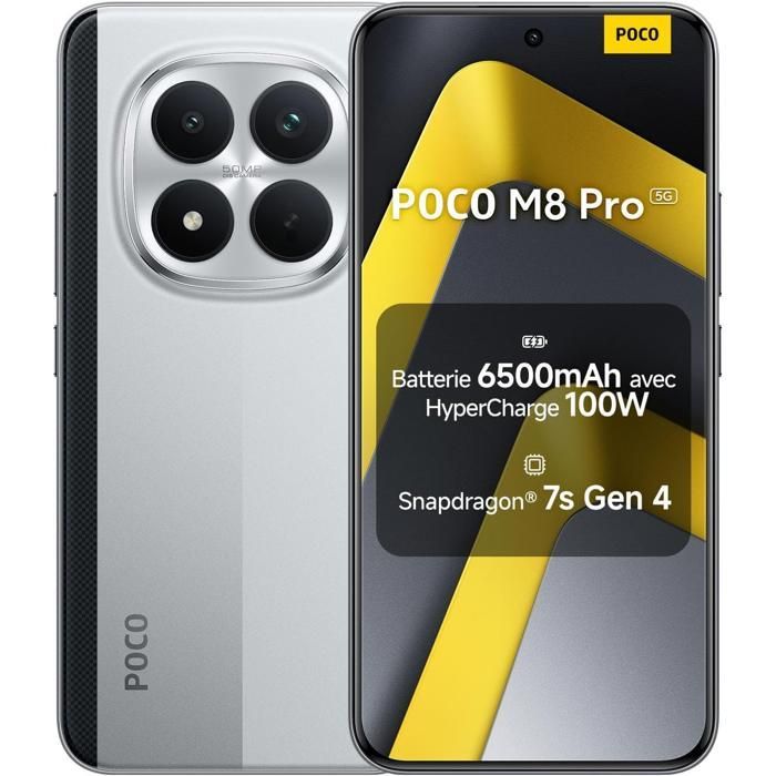 Smartphone Xiaomi POCO M8 Pro 5G 12+512 Go Plata, Garantía de 2 años, Cargador no incluido