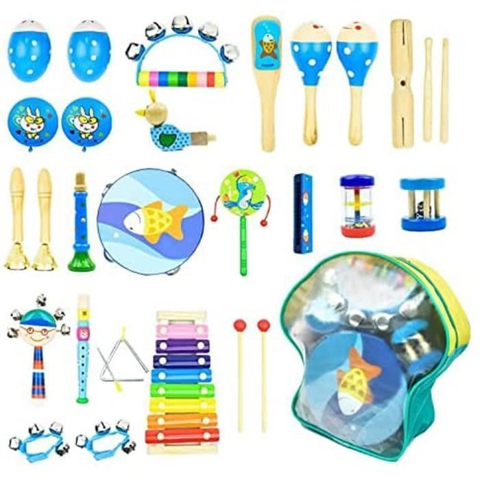 Instruments de Musique pour Enfants, 25PCS Set en Bois Percussion pour Bébé avec Xylophone, Tambourin, Triangle et Autre Instrument