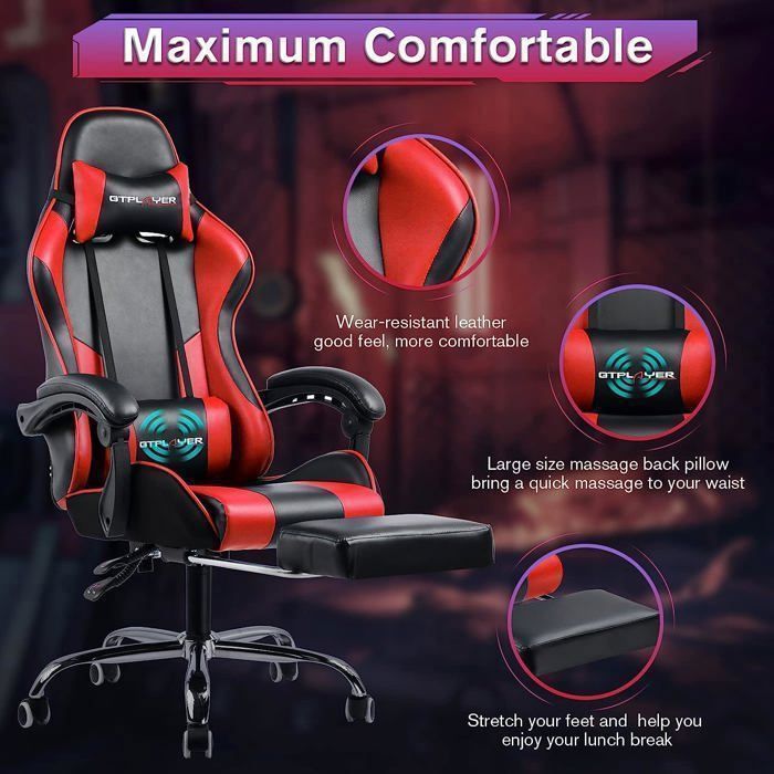 Chaise Gaming Fauteuil de Bureau Chaise de Massage Lombaire Pivotante avec Repose-Pieds Accoudoirs en Cuir de PU (Rouge)