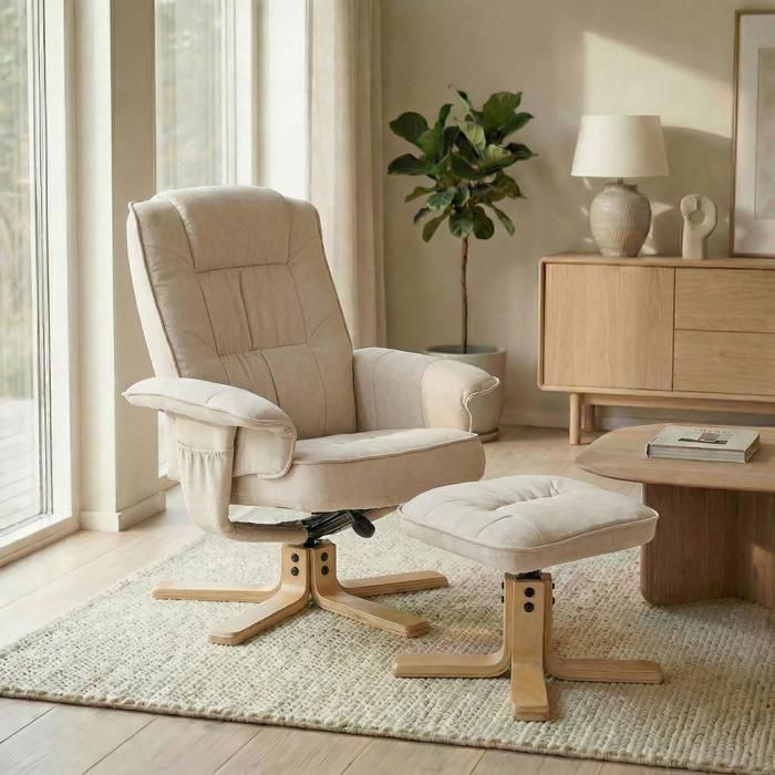 Sillón reclinable CHARLY con reposapiés, otomana, asiento giratorio, respaldo reclinable y asiento acolchado, en tejido beige.