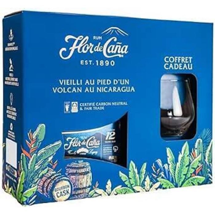 Flor de Caña - 12 jaar oud - Rum cadeauset 40% alcohol 70cl + 1 glas