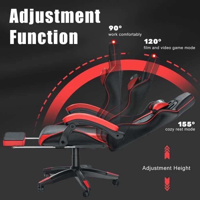 Chaise de Bureau - Rattantree Siège de bureau Réglable - Chaise gaming avec Appui-tête et Support lombaire, 136kg, Noir et Rouge