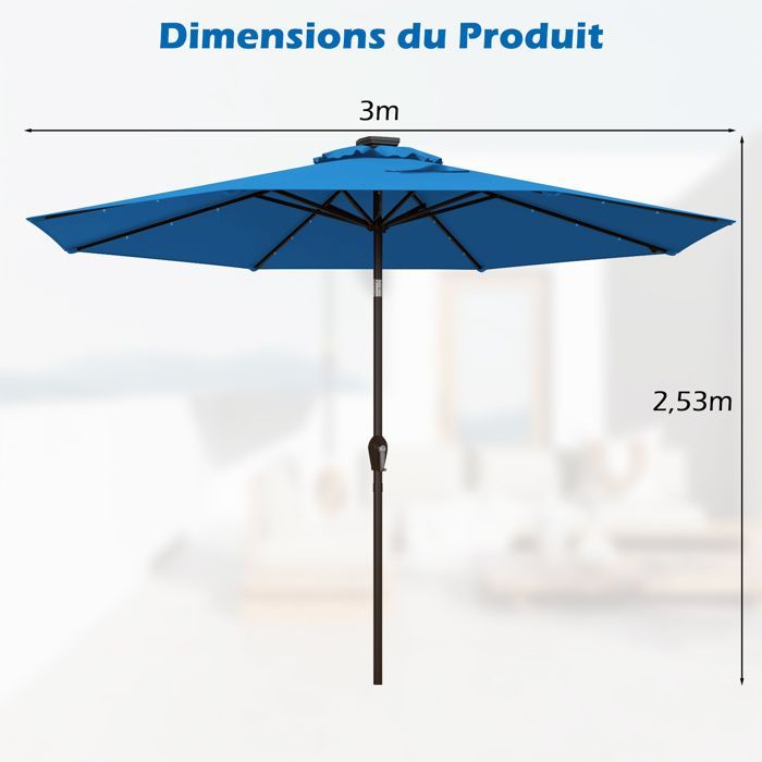 Parasol de Jardin Déporté Inclinable COSTWAY - 24 Lumières LED - Dia.3x2,5M - Structure en Métal Robuste - Anti-UV - Bleu