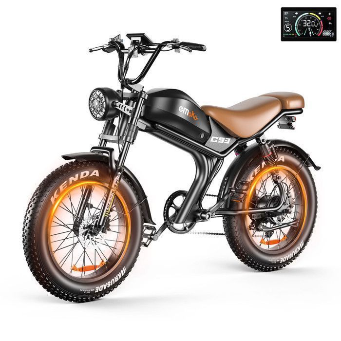 Vélo Electrique Emoko C93, Moteur 1000W, Batterie 20AH, Roues de 20 Pouces, Vitesse Max 55 km/h, Autonomie Max 75 km, Siège Marron