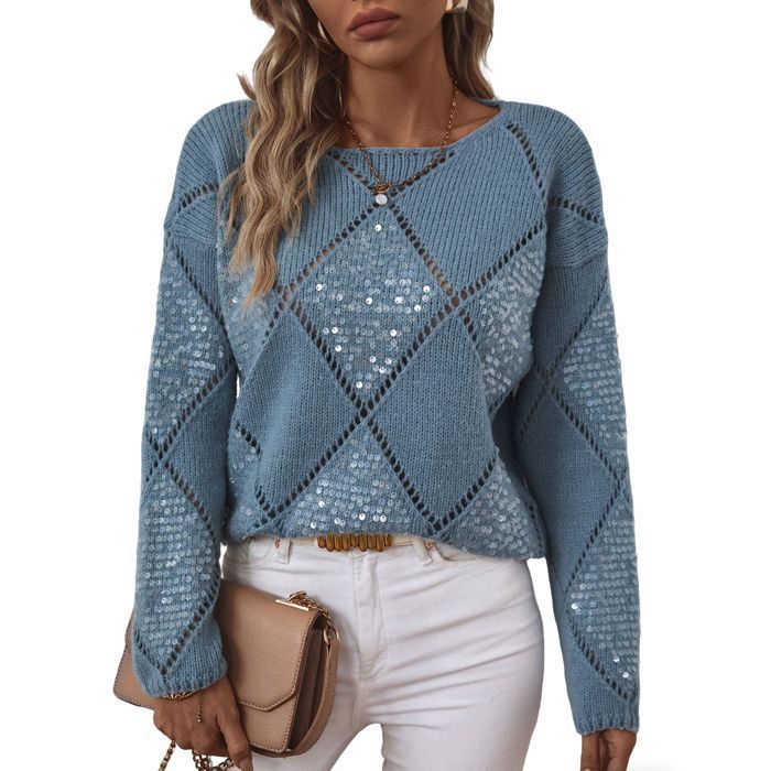 Jersey de cuello redondo para mujer, colección otoño-invierno 2025, diseño calado con lentejuelas, elegante punto de rombos - Azul