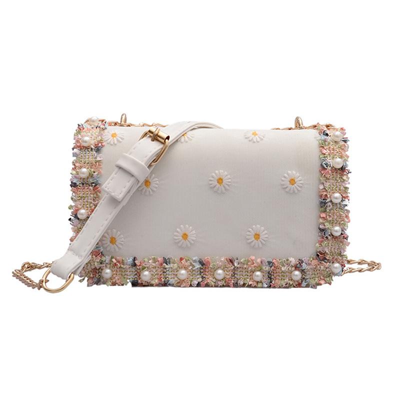 Sac bandoulière femme à broderie florale, bandoulière chaîne, orné de fausses perles, sac messager, sac à main bandoulière élégant