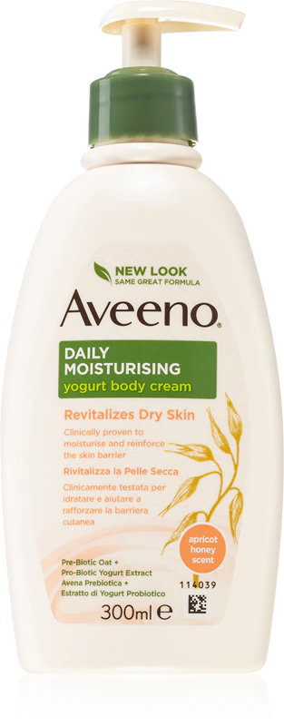 Creme corporal hidratante diário Aveeno com aroma de iogurte.
