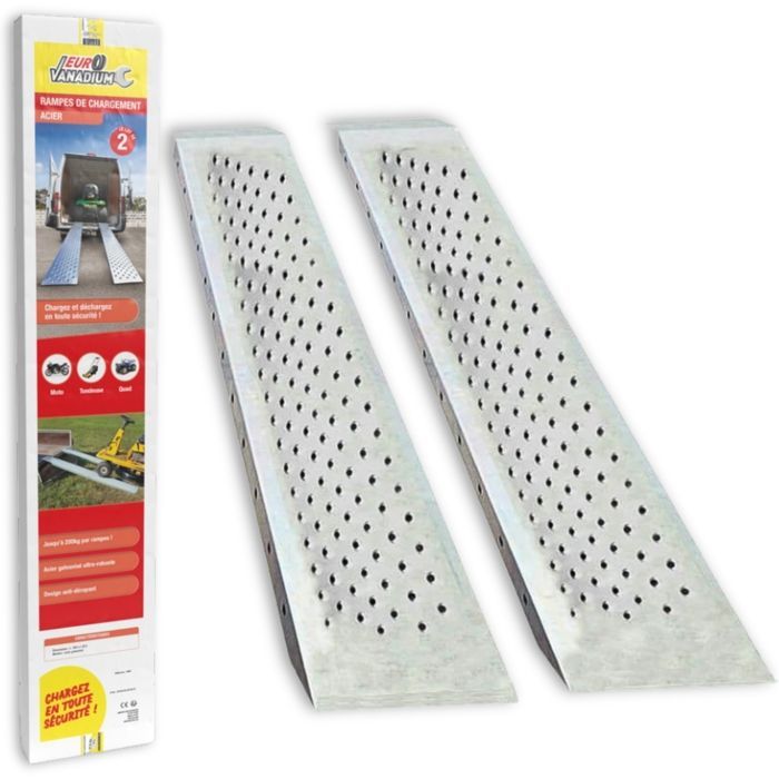 Set van 2 gegalvaniseerde stalen oprijplaten voor aanhangers, 1,60 m, met antislipgroeven en stabilisatieplaat, maximaal draagvermogen 400 kg