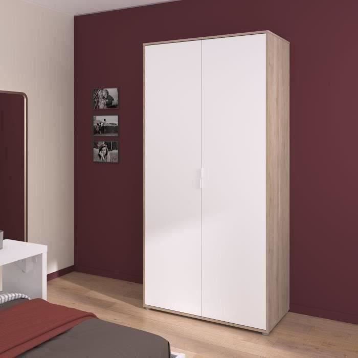 Armoire de chambre AALBORG - Décor Blanc et chêne - 2 portes battantes - L100 x P50,2 x H204,3 cm - PARISOT