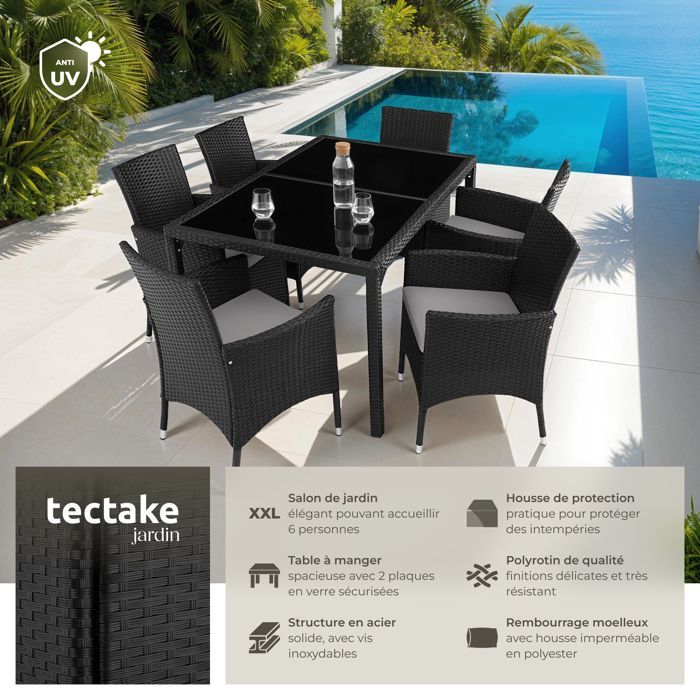 Salon de jardin - TECTAKE - Ensemble détente repas d'extérieur PORTO 6 personnes encastrable et résistant aux UVs - Noir/Gris