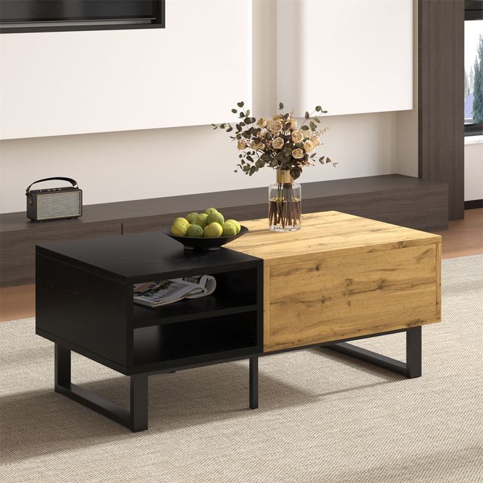 Salontafel met plank en lade voor de woonkamer, houten salontafel met gekleurde blokstructuur, metalen poten - 100 × 50 × 40 cm
