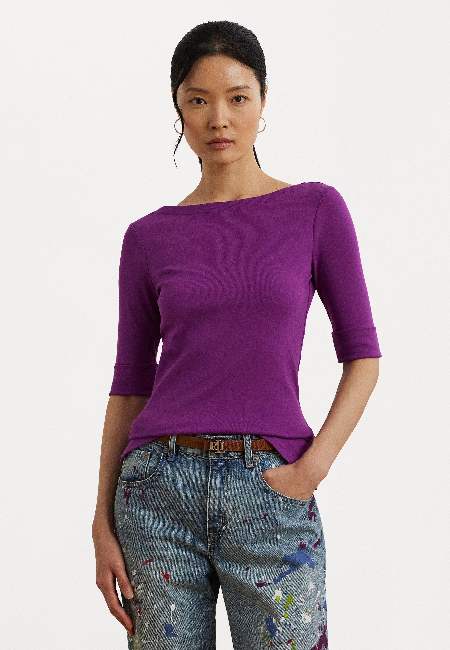 Lauren Ralph Lauren Stretch-Baumwoll-T-Shirt mit Bootsausschnitt – Basic-T-Shirt – Lila Dämmerung
