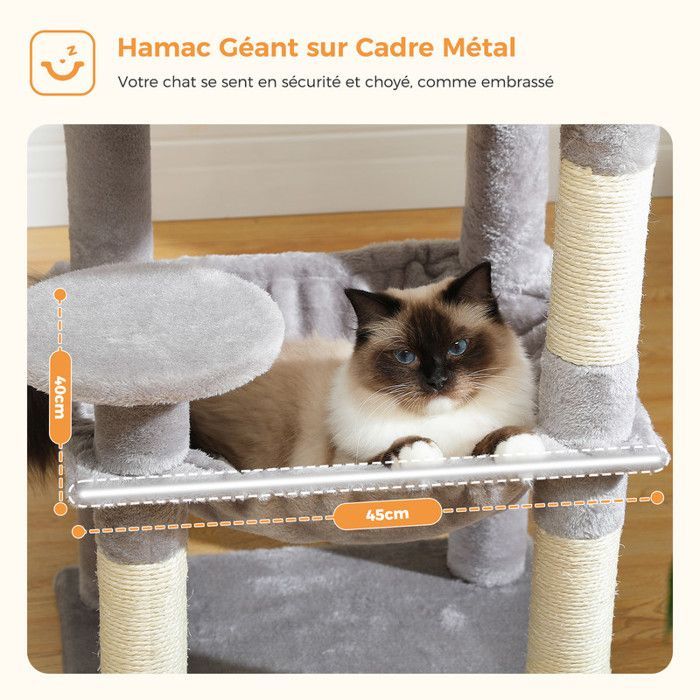 PAWZ Road krabpaal, ruim ontwerp, grote, stevige en stabiele hangmat met hangmat en prachtig kattenhuis - middelgroot, grijs, 116 cm