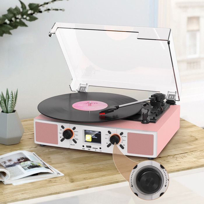 TANLANIN DT2032 Bluetooth Turntable with DAB/DAB+ Radio Alarm Clock Function - For 33/45/78 RPM Records - Hi-Fi Music Equipment - Pink