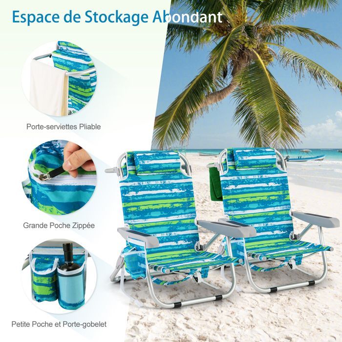Juego de 2 sillas plegables de camping COSTWAY, 5 posiciones ajustables, reposacabezas, bolsillos laterales, soporte para toalla, correas, color verde.