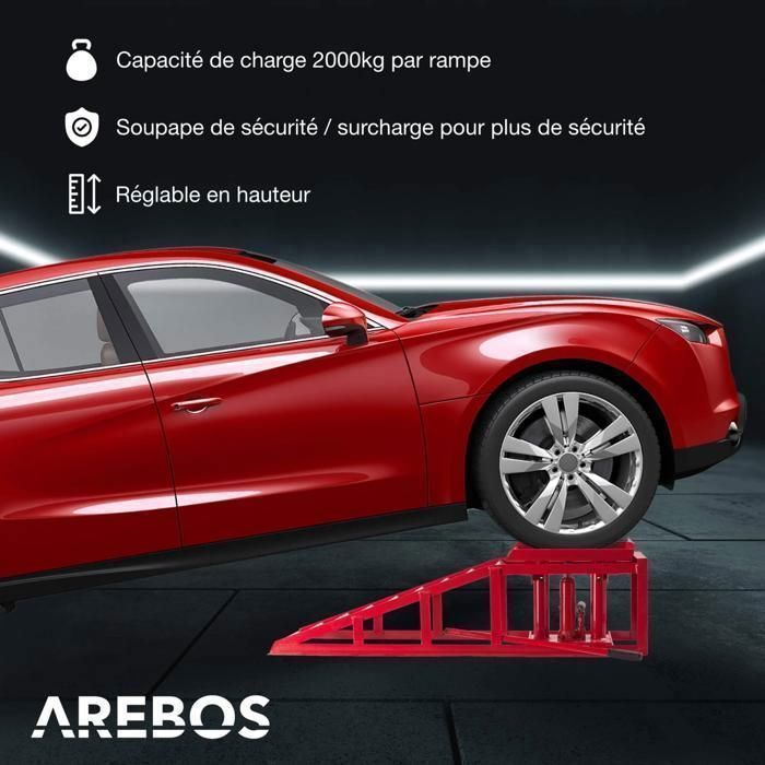 Rampa de acceso AREBOS con gato hidráulico, ajustable de 290 a 375 mm, capacidad de carga de 2 toneladas, para coches, furgonetas y remolques – Juego de 2