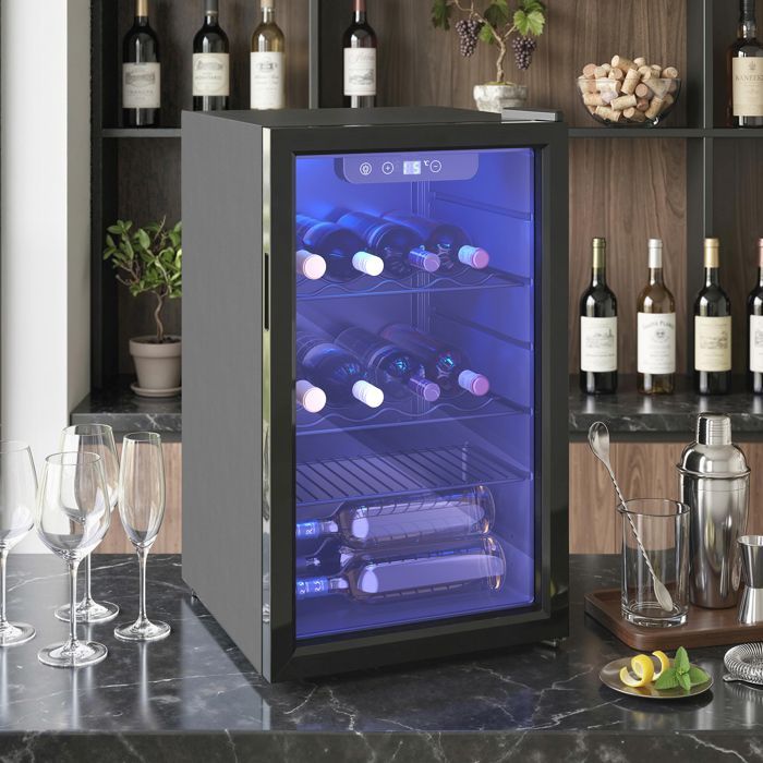 Wine cellar - HOMCOM - 24 bottles, 68L - adjustable temperature 4-16°C, reversible door, touchscreen - steel - 43x46x74cm - black