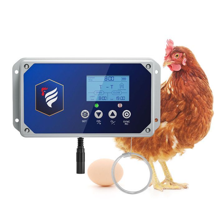 TTLIFE automatische kippenhokdeur met 4 bedieningsmodi, een batterijduur van 6 maanden en 3 stroomopties. Compatibel met klepdeuren.