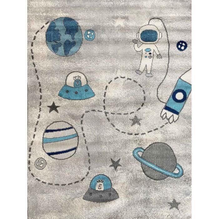 Tappeto per bambini - VIMODA - Motivo Astronauti e Pianeti - 120x170 cm - Antiscivolo - 100% Polipropilene