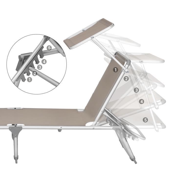 Bain de soleil inclinable - SONGMICS - avec dossier et parasol - pliable - charge 150 kg - Taupe