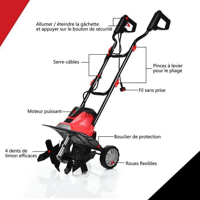 Motobineuse Motoculteur 1200W COSTWAY-Largeur de Travail 35cm-Profondeur 22cm-2 Roues Réglables-Bouclier-4 Fraises-Poignée Pliable