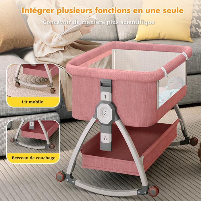 Lit Bébé Berceau Cododo avec Matelas, Panier de Rangement, Sangle Fixe, 6 Hauteurs Réglables Lit Cododo pour Bébé 0-18 Mois - Rose