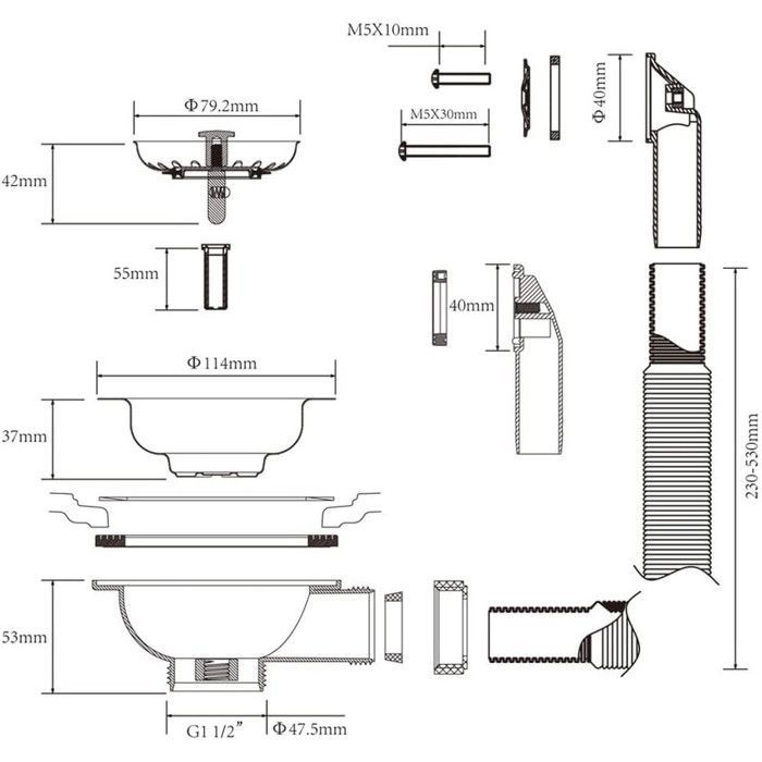 Acier inoxydable 304 5,5 cm de long Vis Évier de cuisine 114 mm Type de bol Bonde Bonde avec trop-plein 2 type de trop-plein