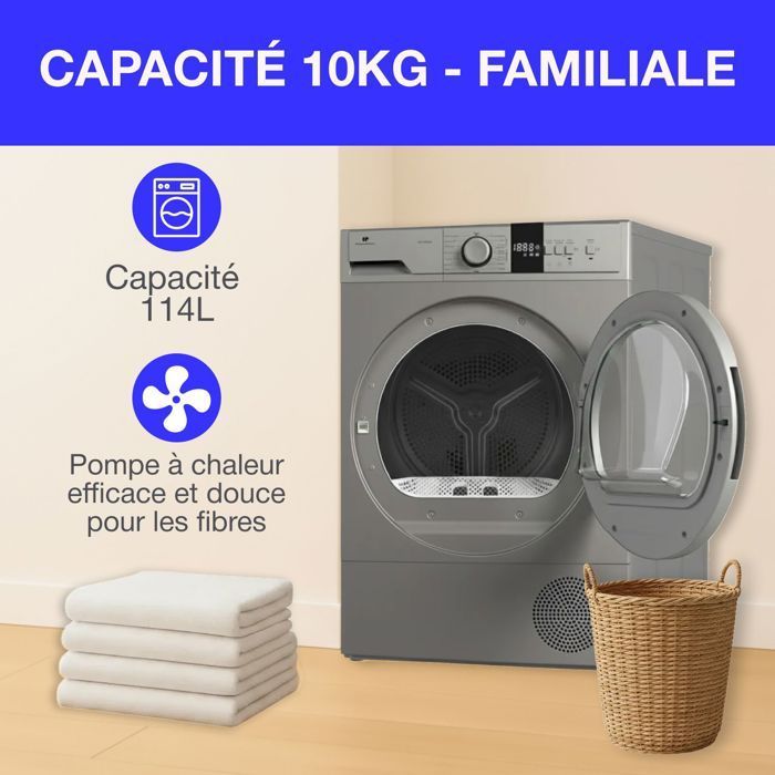 Secadora de ropa con bomba de calor CONTINENTAL EDISON CESL10PCS2 - 10 kg - 60 cm - Clase E - Plateada