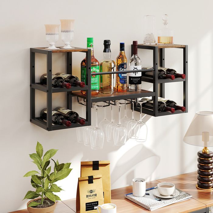 COSTWAY Wall-Mounted Wine Rack, Bottle Holder with 3-Tier Glass Rack, Open Shelves, Wall-Mounted Bottle Rack