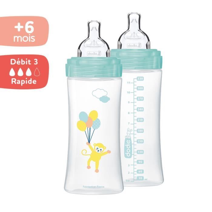 Dodie Biberon Sensation+ Anti-Coliques; débit 3; +6mois Ballons Lot de 2 x 330ml