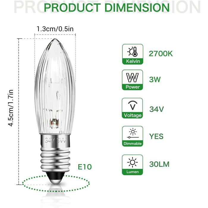 Bombilla tipo vela E10 de 34 V y 3 W con 7 puntos de combustión, bombillas de repuesto, 30 lúmenes, luz blanca cálida de 2700 K, paquete de 10