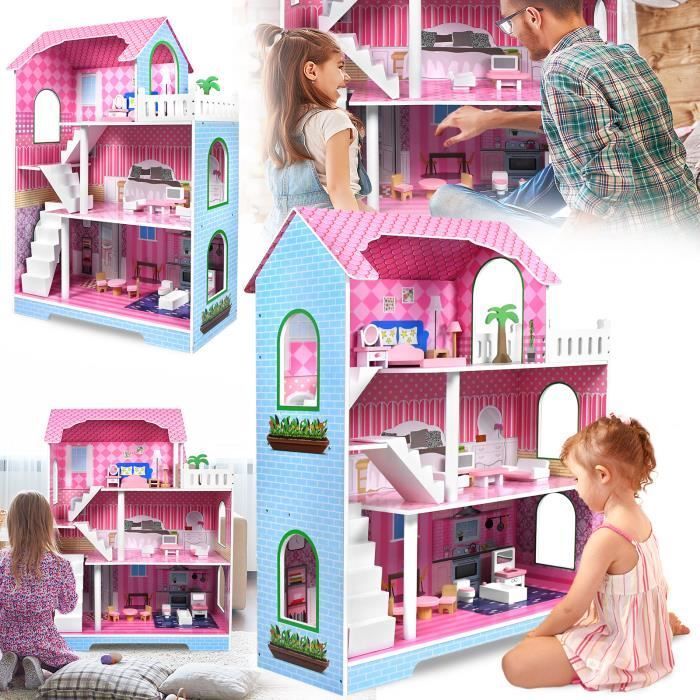 Casa de muñecas - LILIIN - 3 niveles - 11 piezas - Multicolor - MDF de alta calidad