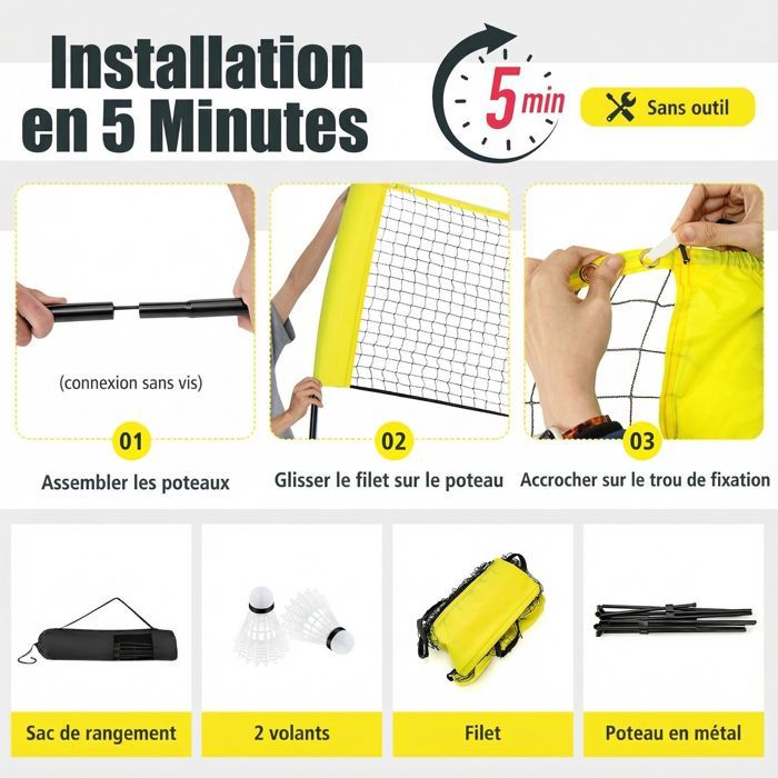 Red de bádminton portátil COSTWAY 420x102x89-155cm - Altura ajustable - 2 volantes - PE - Montaje en 5 minutos - Bolsa de almacenamiento - Amarillo