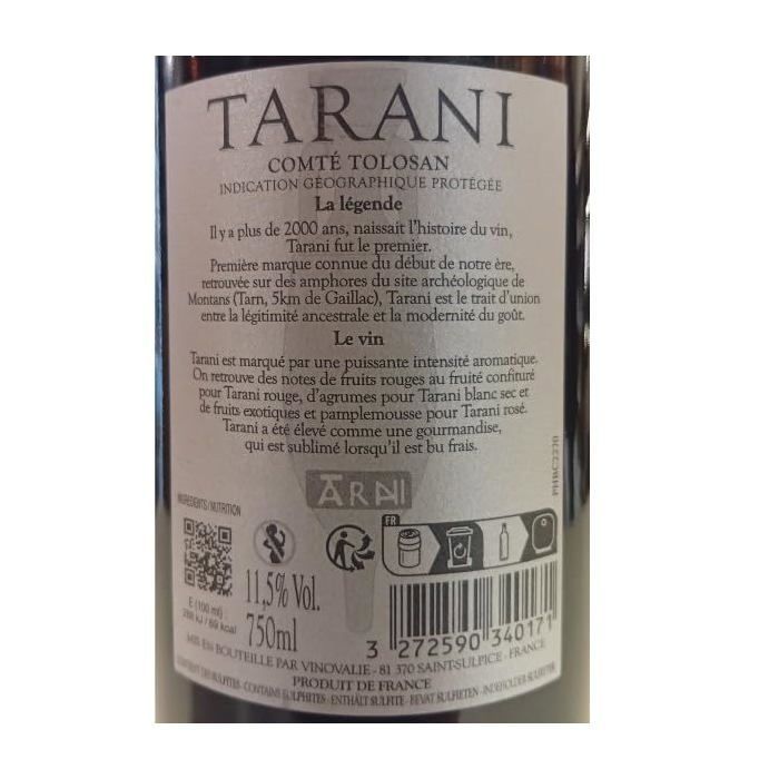 Tarani 11,5% Comté de Tolosan - 2024 IGP Médaille d'or concours Agricole de Paris - 6 x 75cl.