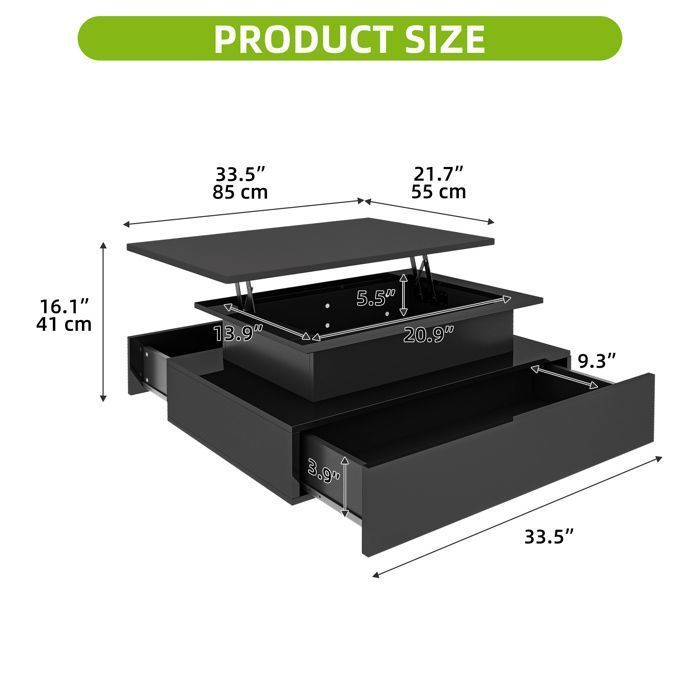BALCONERA Lift-Top Coffee Table, Rectangular Living Room Table with 16 Color LED Lights and 2 Drawers, High-LumiNova Surface, Black